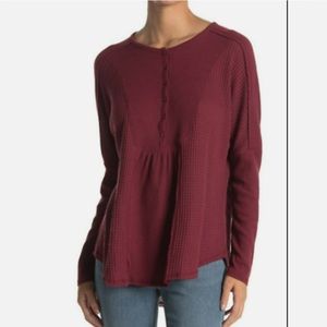 Gibsonlook Women's Mixed Rib Waffle Knit Henley Top NWT Size M Burgundy Large